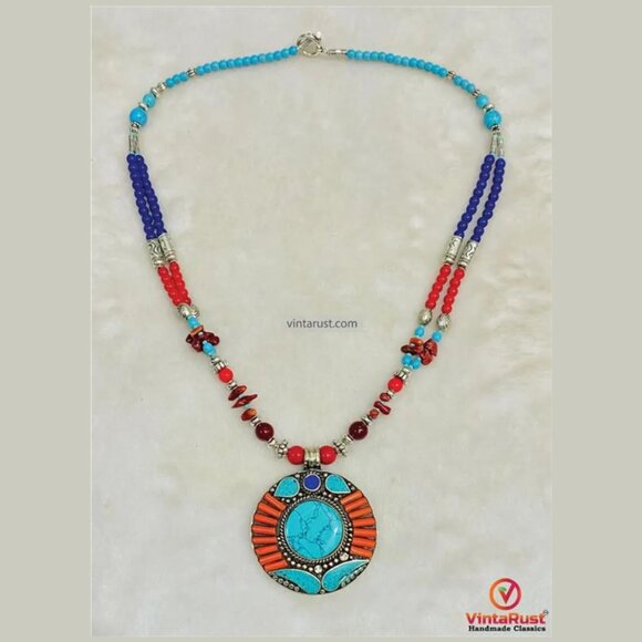 Nepalese Turquoise & Coral Necklace: Tibetan Handmade Ethnic Boho Jewelr - Picture 1 of 4